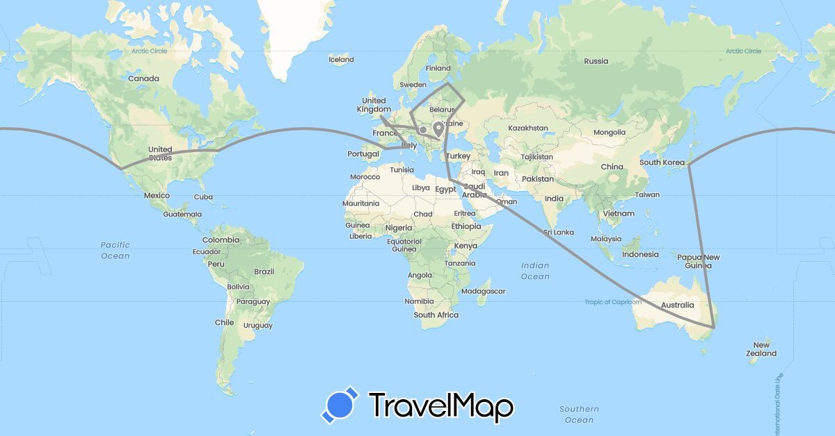 TravelMap itinerary: driving, plane in Australia, Germany, Egypt, Spain, France, United Kingdom, Hungary, Italy, Japan, Romania, Russia, Turkey, Ukraine, United States (Africa, Asia, Europe, North America, Oceania)